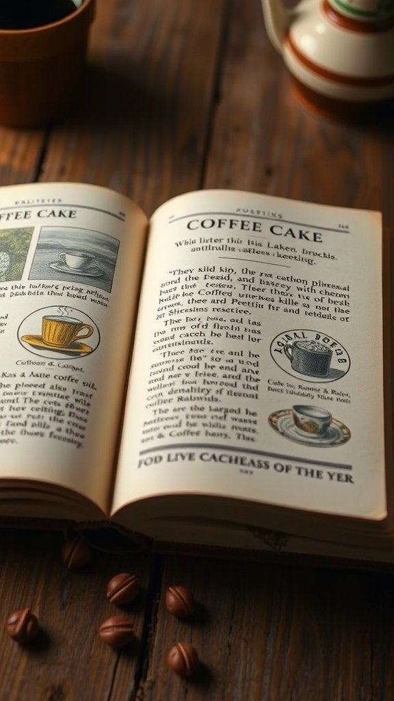 An open recipe book featuring coffee cake with illustrations and text.