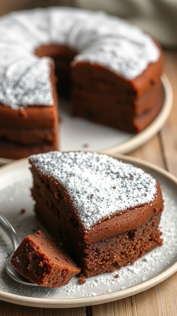 A slice of fluffy chocolate cake with powdered sugar on top, served on a plate.
