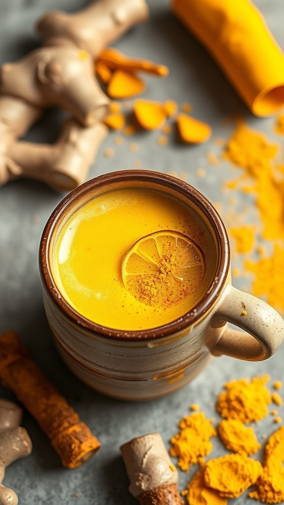 A warm ginger-infused golden turmeric latte in a ceramic mug, garnished with a lemon slice, surrounded by turmeric roots and powder.