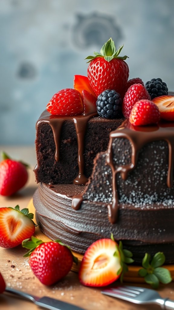 A delicious eggless chocolate cake topped with strawberries and blueberries.