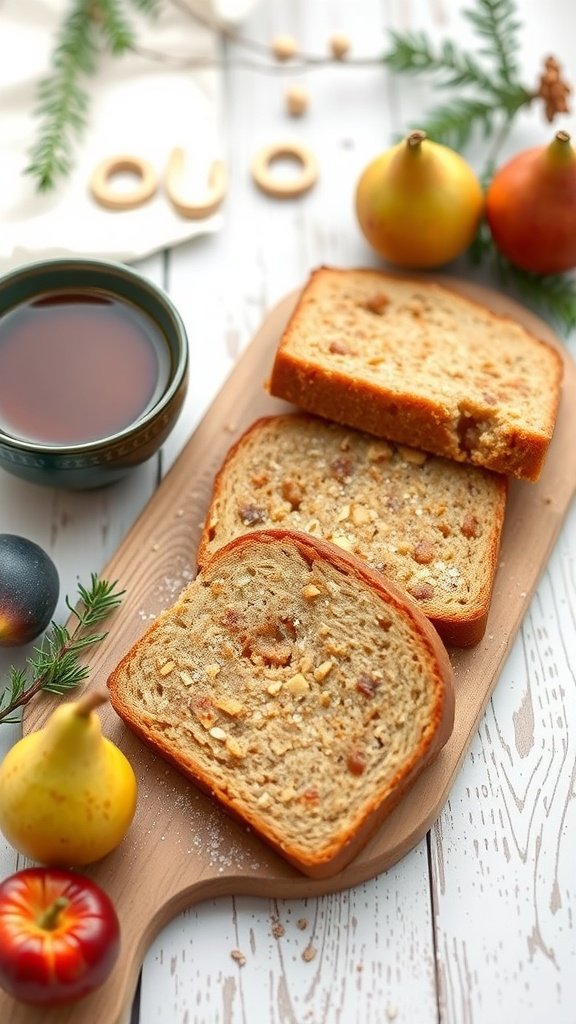 Sliced cinnamon coffee cake with seasonal fruits and a cup of coffee