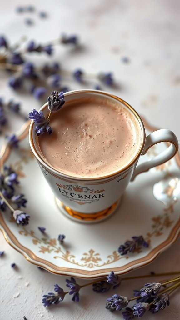 A cup of Lavender Spicy Cayenne Mocha surrounded by lavender sprigs.