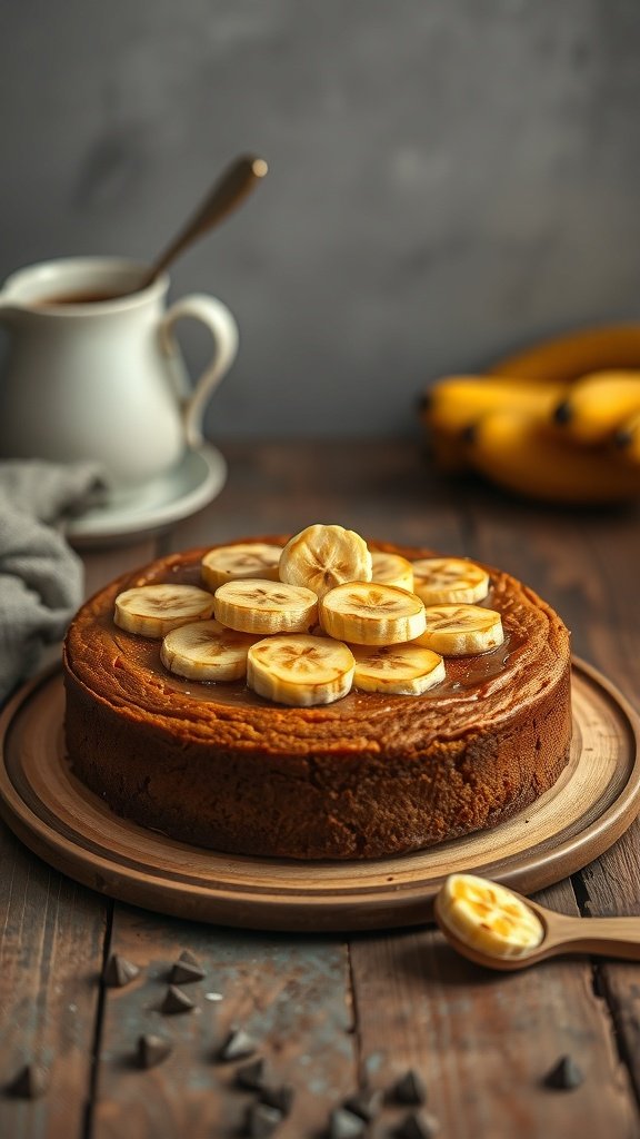 A delicious banana bread coffee cake topped with caramelized banana slices.