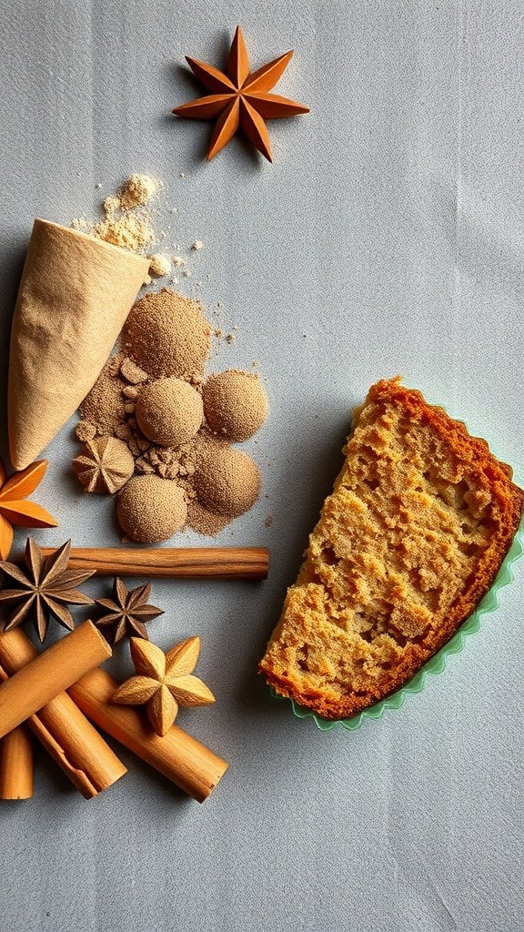Sour cream coffee cake with spices and ingredients laid out.