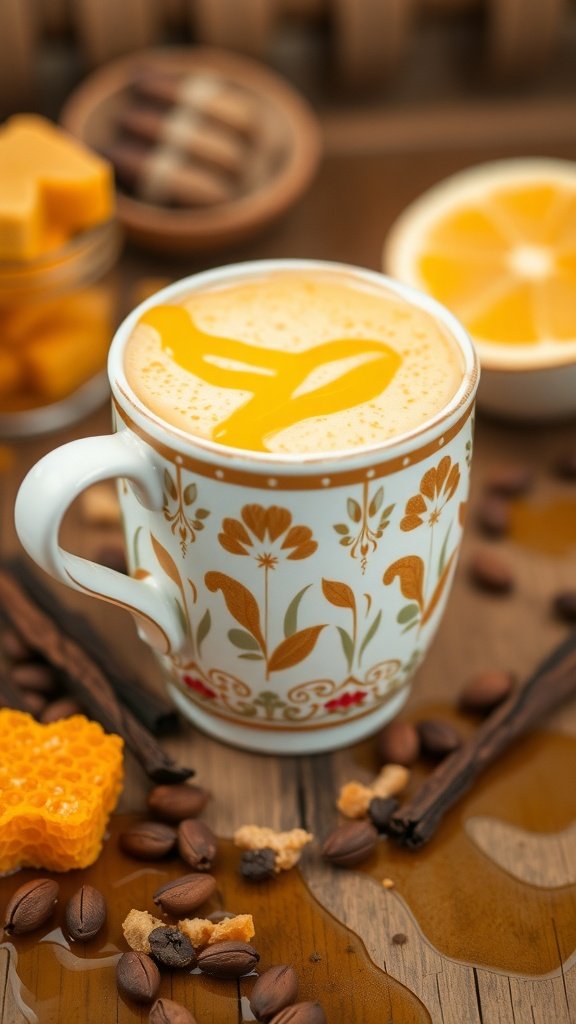 A beautifully crafted golden turmeric latte with honey and vanilla, surrounded by coffee beans and spices.