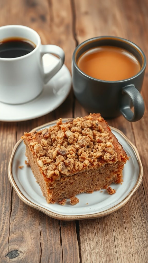 A slice of banana bread coffee cake with streusel topping next to two cups of coffee.