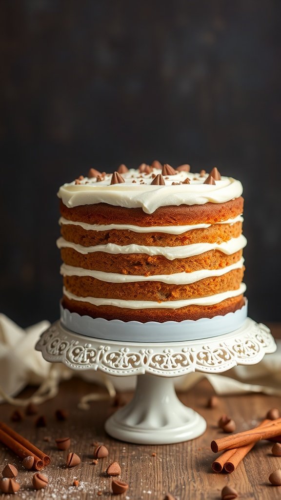 A beautifully layered cinnamon coffee cake topped with cream cheese frosting and chocolate chips.