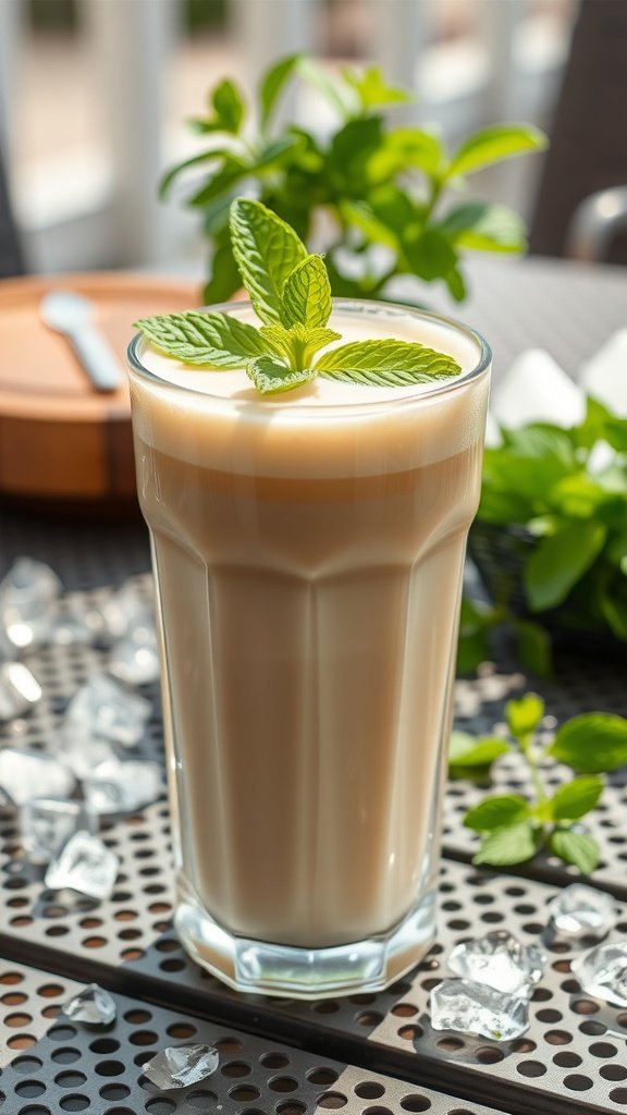 A refreshing Mint Vanilla Latte in a tall glass with mint leaves on top, surrounded by ice cubes.