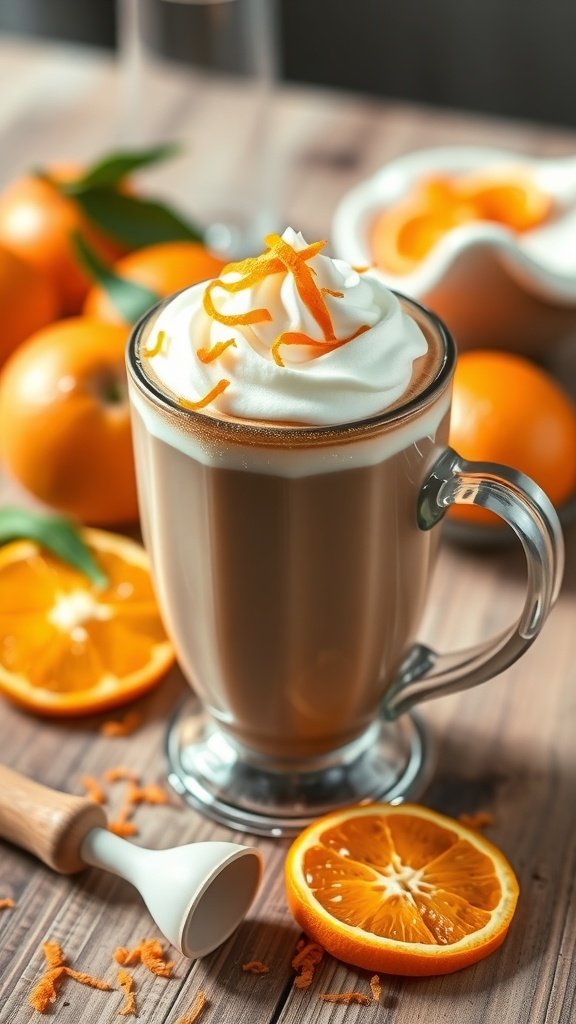A delicious Orange Zest Spicy Cayenne Mocha topped with whipped cream and orange zest, surrounded by fresh oranges.