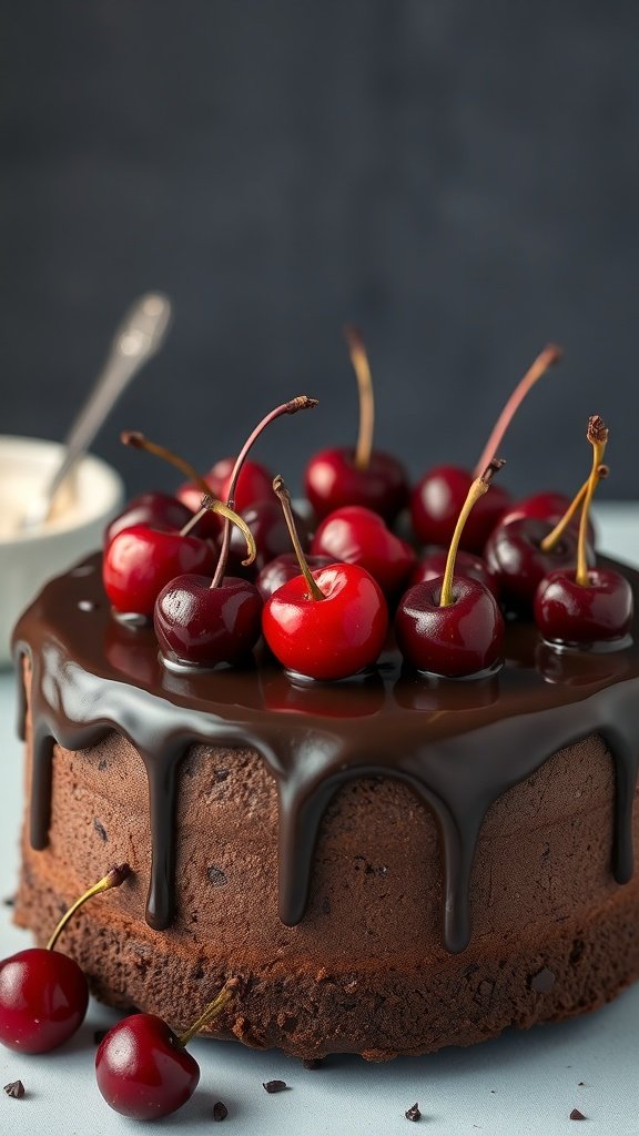 Chocolate cake topped with fresh cherries and chocolate ganache.