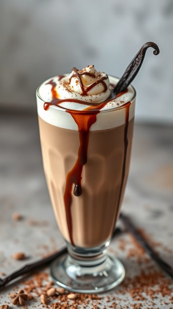 A Vanilla Bean Creamy Mocha Latte topped with whipped cream and chocolate syrup, garnished with a vanilla bean.