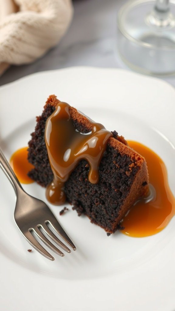 A slice of chocolate cake topped with caramel drizzle on a white plate.