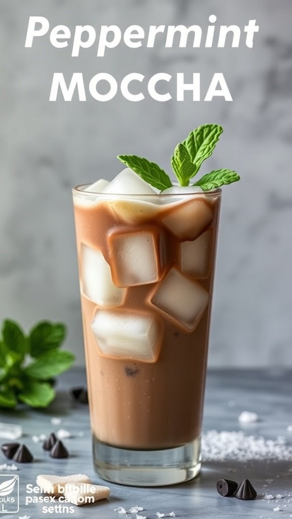 Iced Peppermint Mocha in a glass with mint leaves and ice cubes.