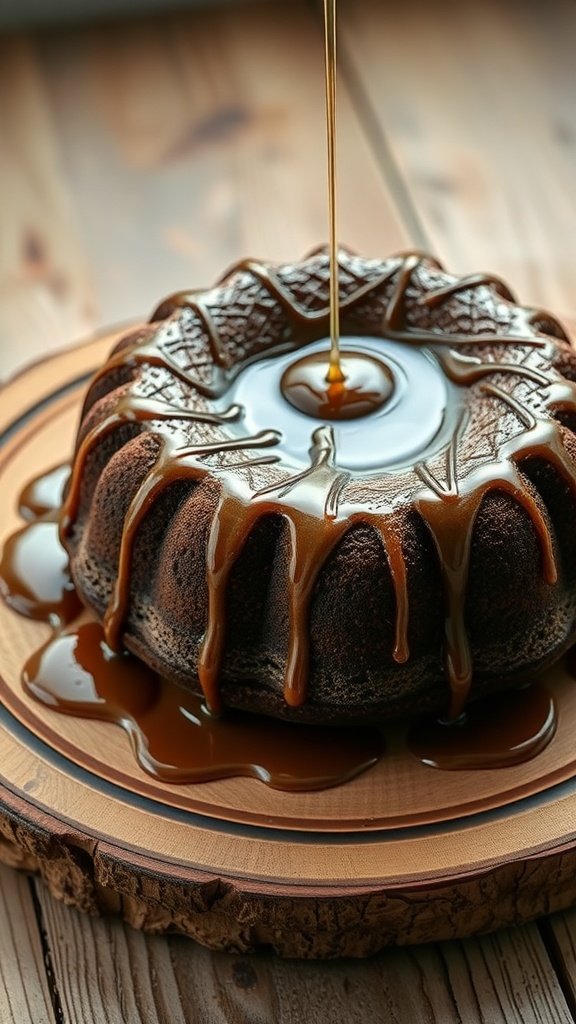 Chocolate cake drizzled with maple syrup on a wooden plate.