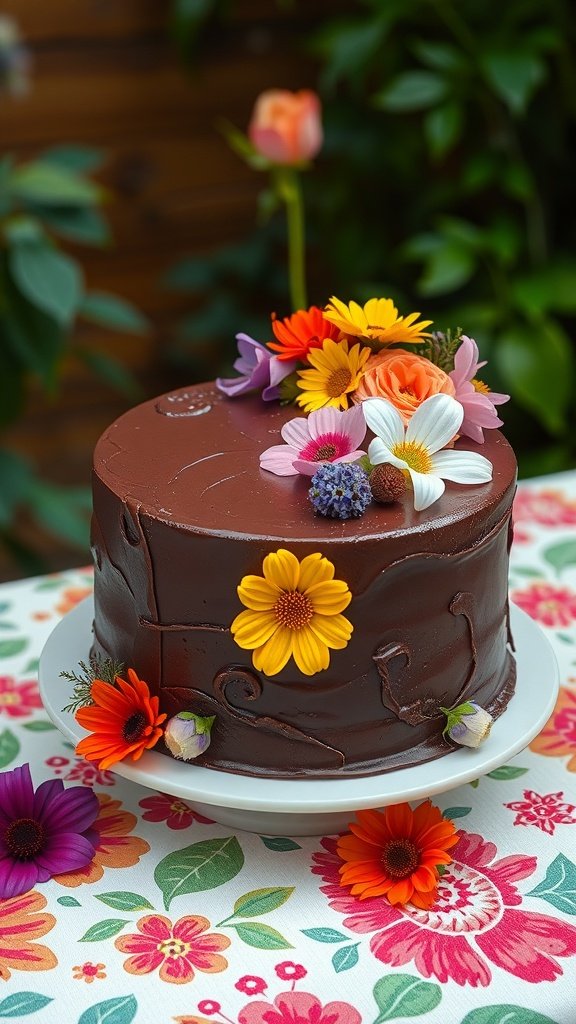 A beautifully decorated vegan chocolate cake adorned with colorful flowers.