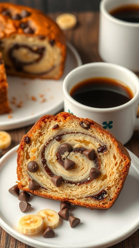 A slice of chocolate chip banana swirl coffee cake on a plate with coffee cups in the background.