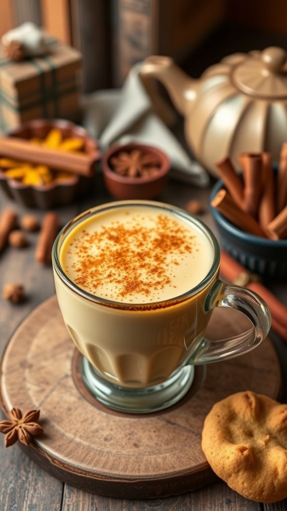 A chai-spiced golden turmeric latte in a glass, garnished with cinnamon, next to a cookie and spices.