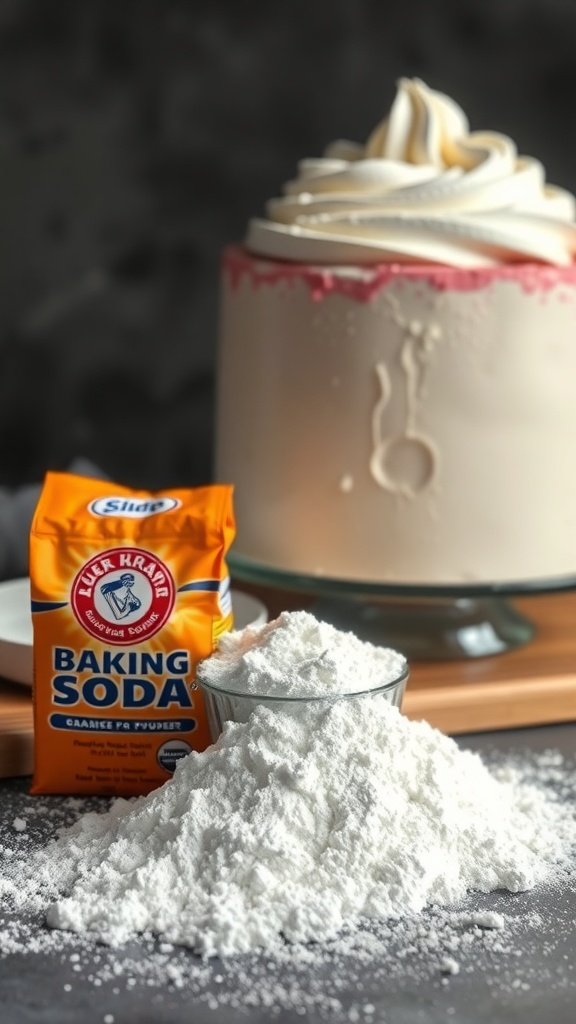 Baking soda next to a bowl of flour with a decorated cake in the background.