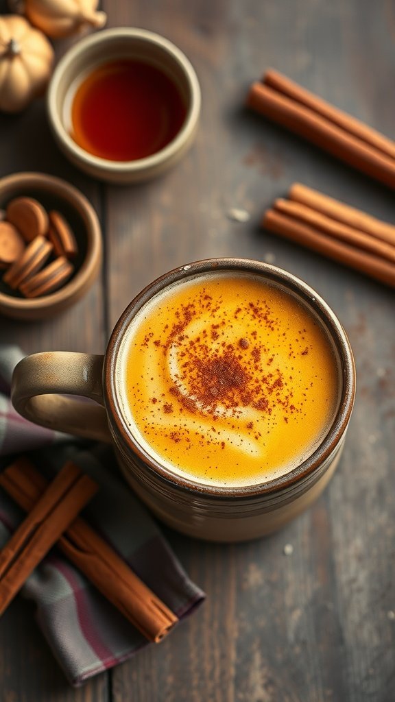 A warm cup of golden turmeric latte topped with cinnamon, surrounded by cinnamon sticks and maple syrup.