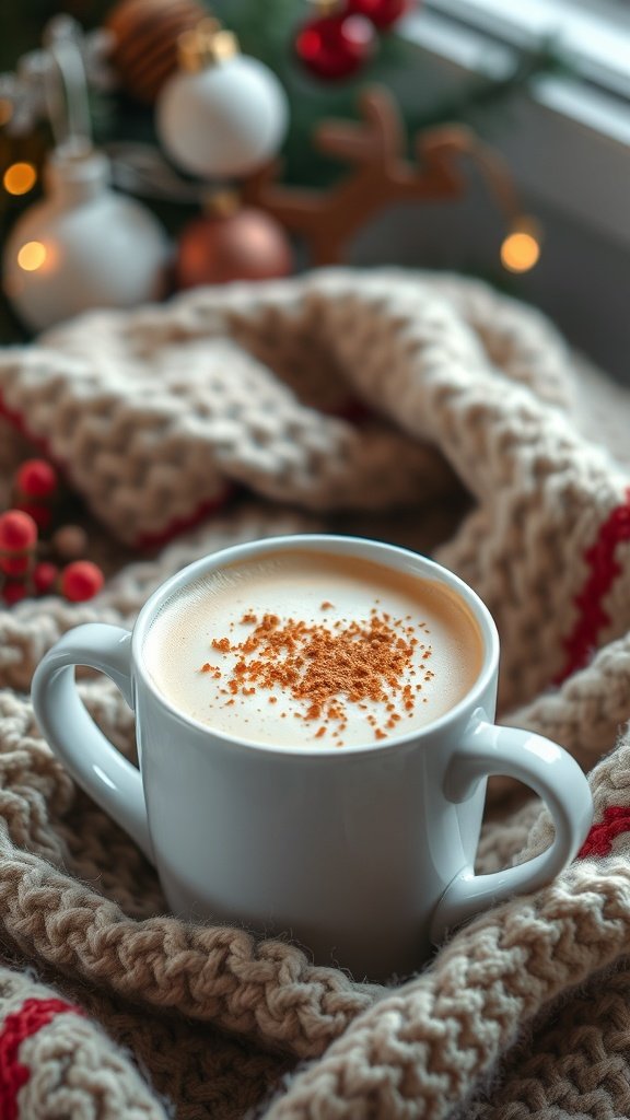 A cozy spiced vanilla latte in a white mug, topped with cinnamon, resting on a knitted blanket.