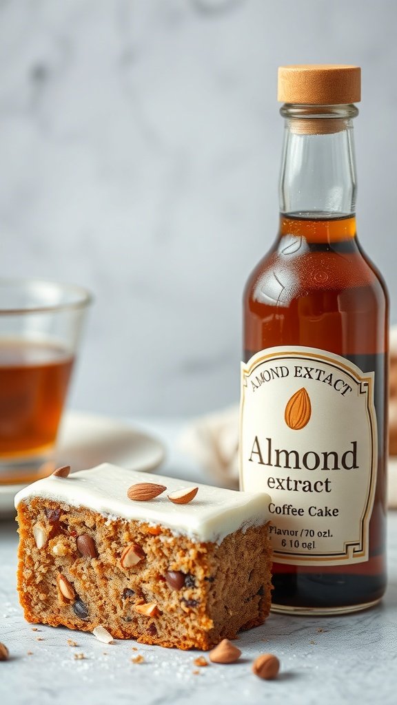 A slice of sour cream coffee cake next to a bottle of almond extract.