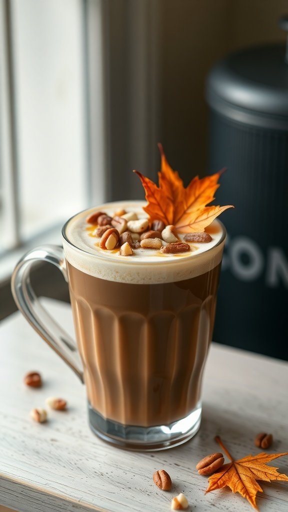 A Nutty Maple Mocha Latte topped with nuts and an autumn leaf, sitting on a wooden table.