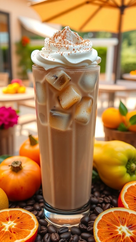 Iced Spicy Cayenne Mocha topped with whipped cream and spices, surrounded by fresh fruits and coffee beans.
