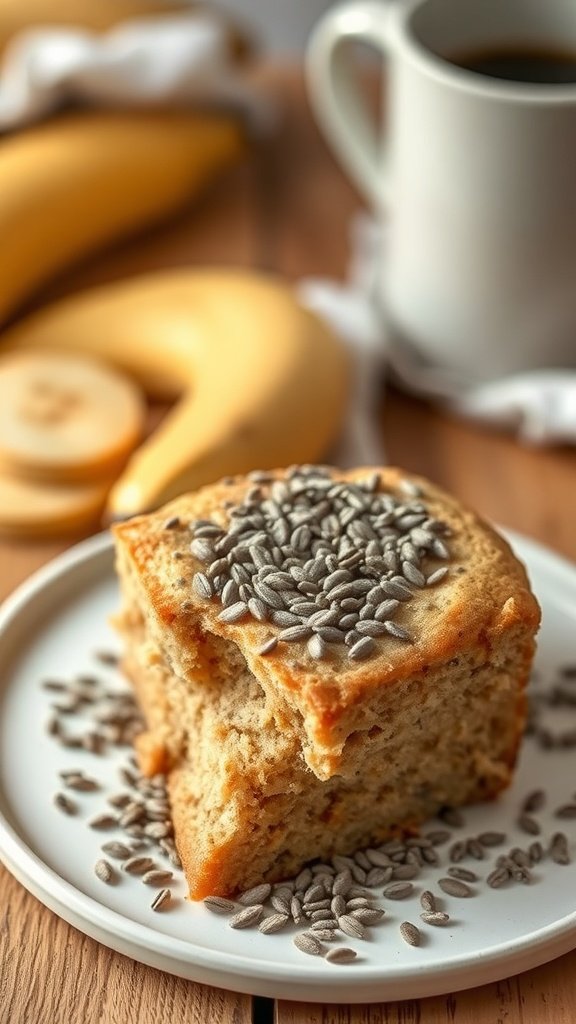 A slice of banana bread coffee cake topped with chia seeds, surrounded by bananas and a cup of coffee.