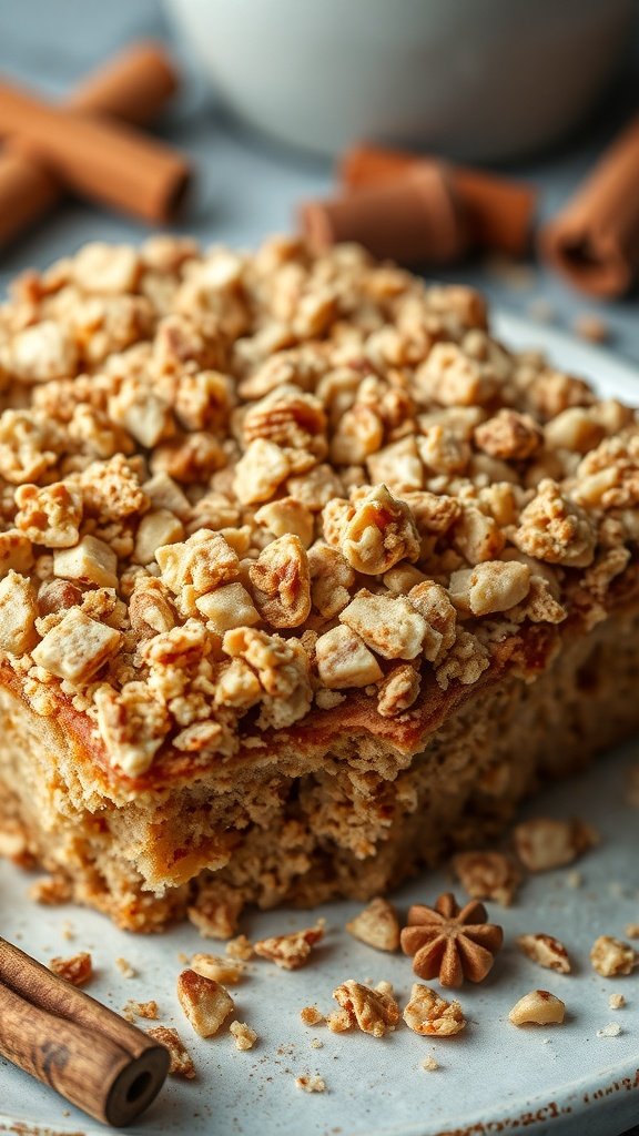 A close-up of cinnamon coffee cake topped with a nutty streusel.