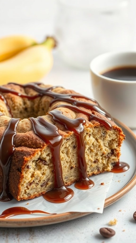 Banana bread coffee cake with rich coffee glaze drizzle