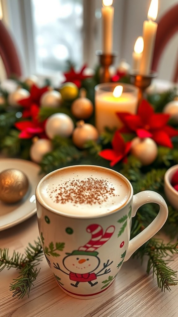 A festive mug of Vanilla Latte With Nutmeg surrounded by holiday decorations.