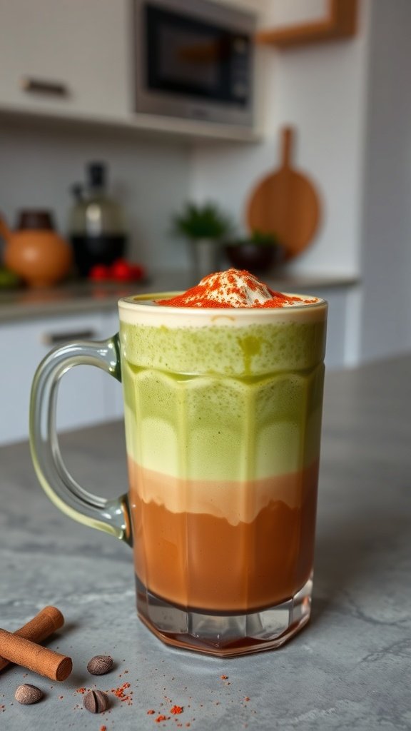 A vibrant Matcha Spicy Cayenne Mocha in a glass mug, topped with whipped cream and cayenne pepper, set against a kitchen backdrop.