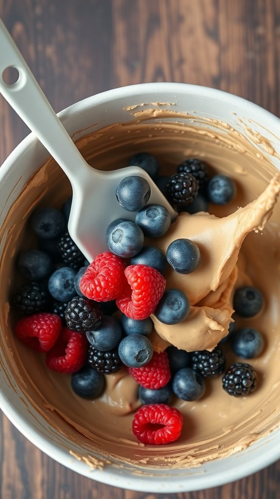 Bowl of batter mixed with fresh berries