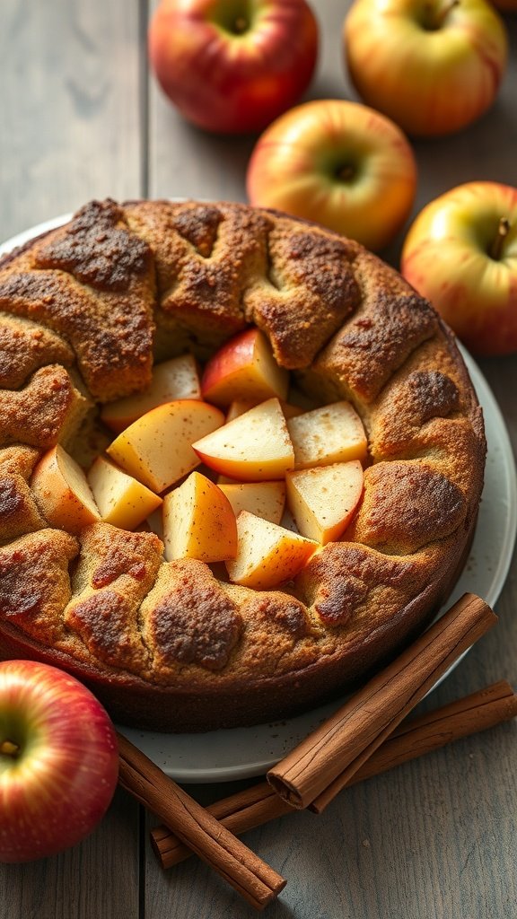 A freshly baked cinnamon coffee cake topped with apple slices, surrounded by whole apples and cinnamon sticks.