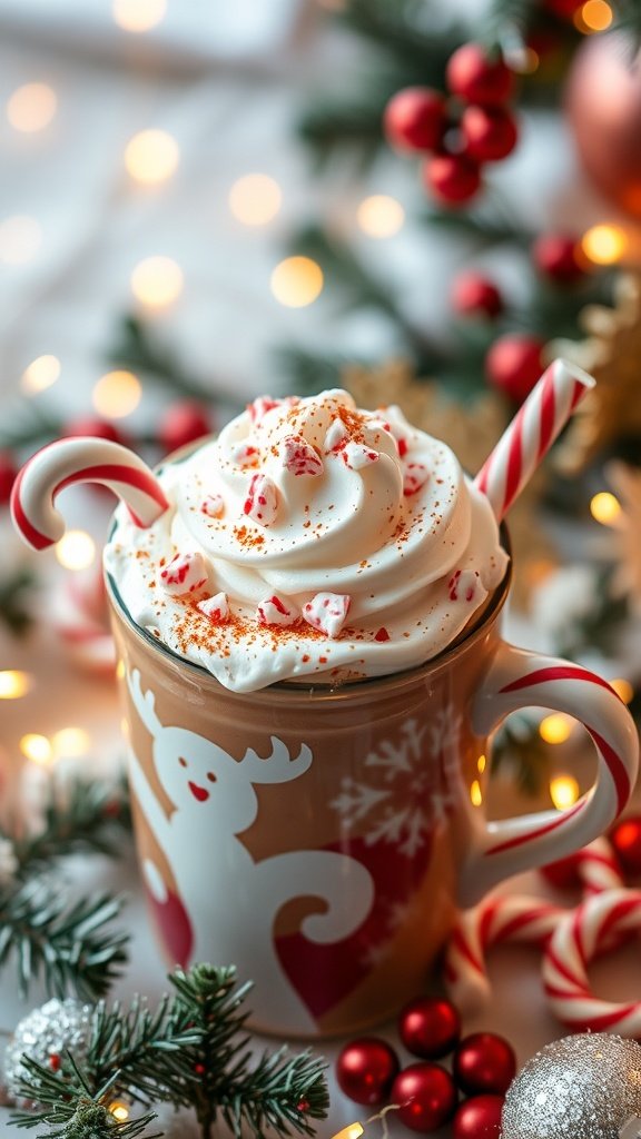 A festive mug of Spicy Peppermint Mocha topped with whipped cream and candy cane pieces.