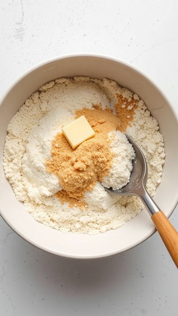 Bowl of flour and sugar with a pat of butter on top, ready for mixing.