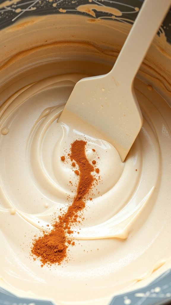 A mixing bowl with creamy batter and a sprinkle of cinnamon on top.
