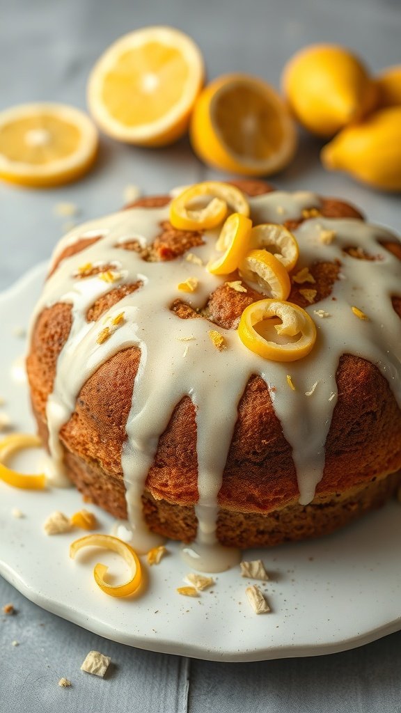 Banana bread coffee cake topped with lemon glaze and lemon slices