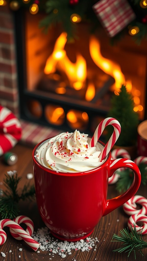 A red mug filled with a creamy Peppermint Eggnog Latte topped with whipped cream and candy canes, set against a cozy fireplace backdrop.