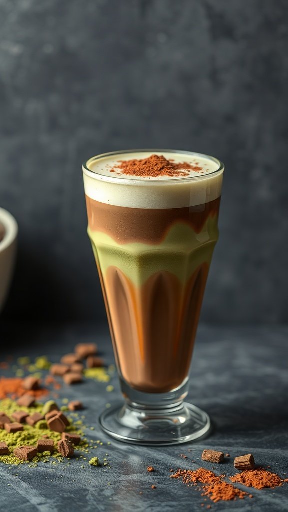A beautifully layered Matcha Mocha Latte in a glass, topped with cocoa powder, surrounded by matcha powder and chocolate pieces.