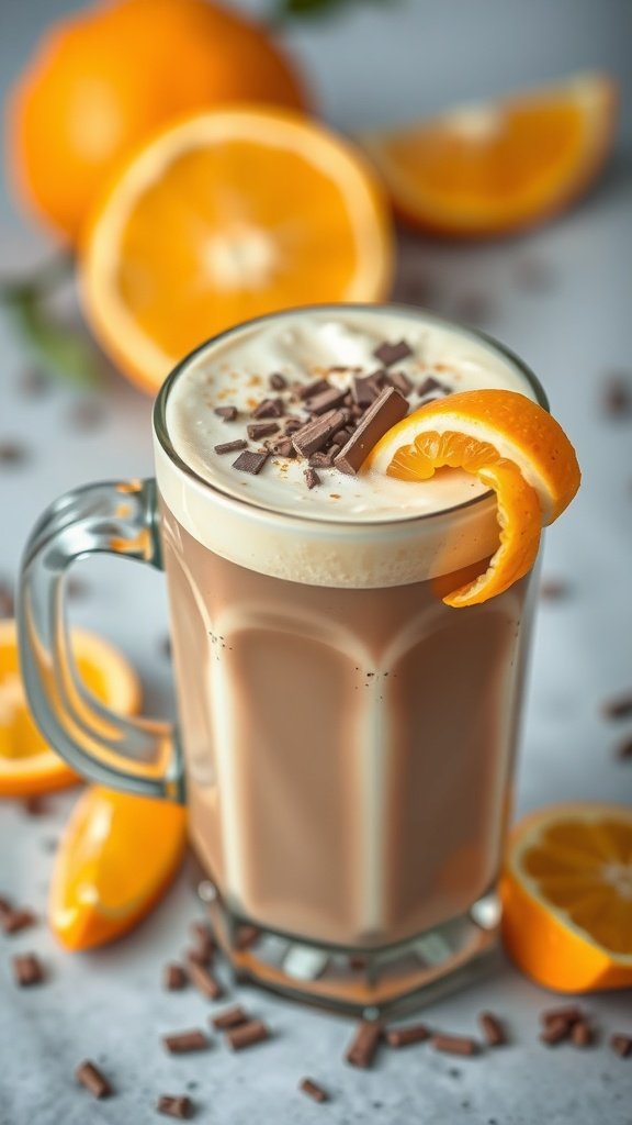 A delicious Orange Zest Mocha Latte topped with whipped cream and chocolate shavings, surrounded by fresh orange slices.