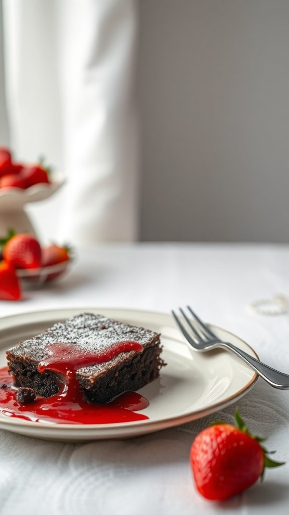 Chocolate cake topped with strawberry compote on a plate