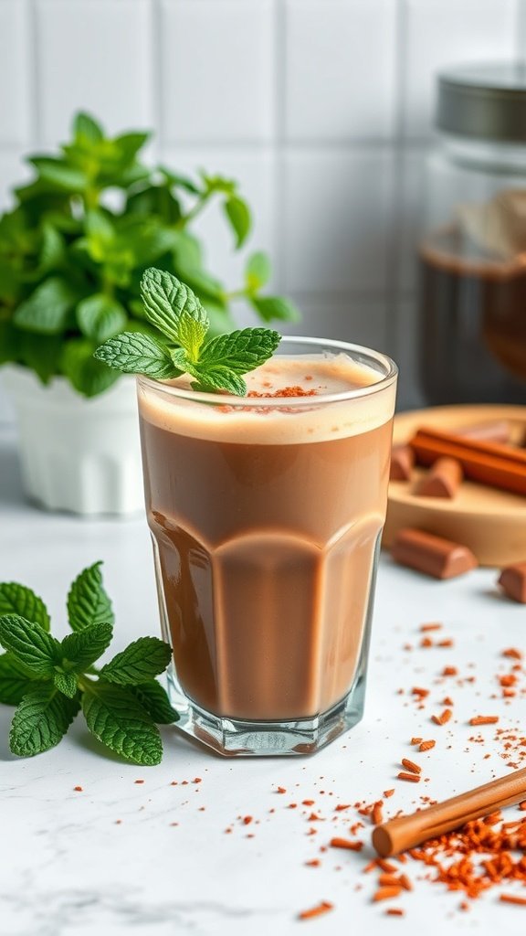 A refreshing mocha drink with mint leaves and cayenne pepper on top.