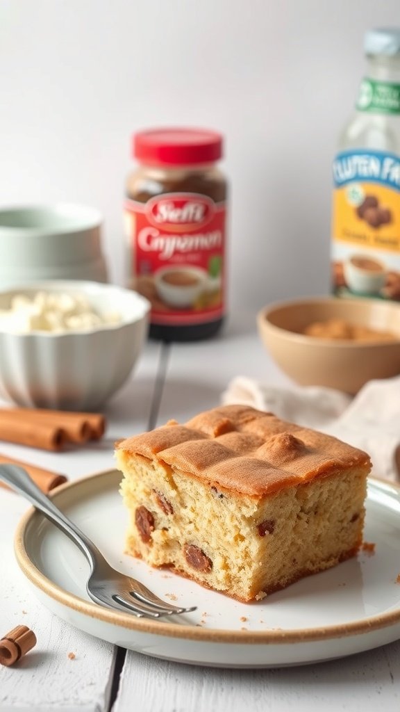 A slice of gluten-free cinnamon coffee cake on a plate with cinnamon sticks and ingredients in the background.