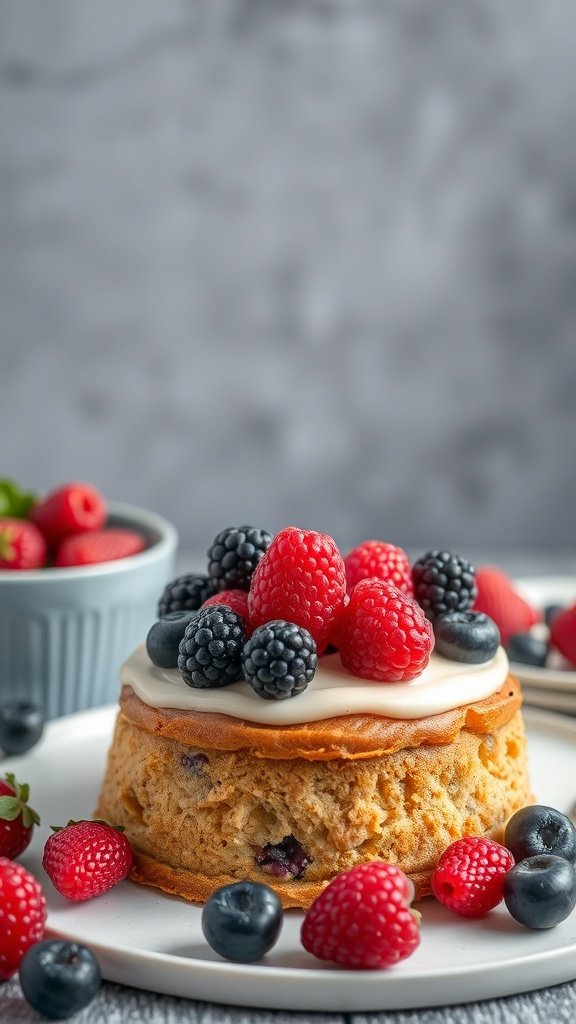 A slice of banana bread coffee cake topped with fresh berries.
