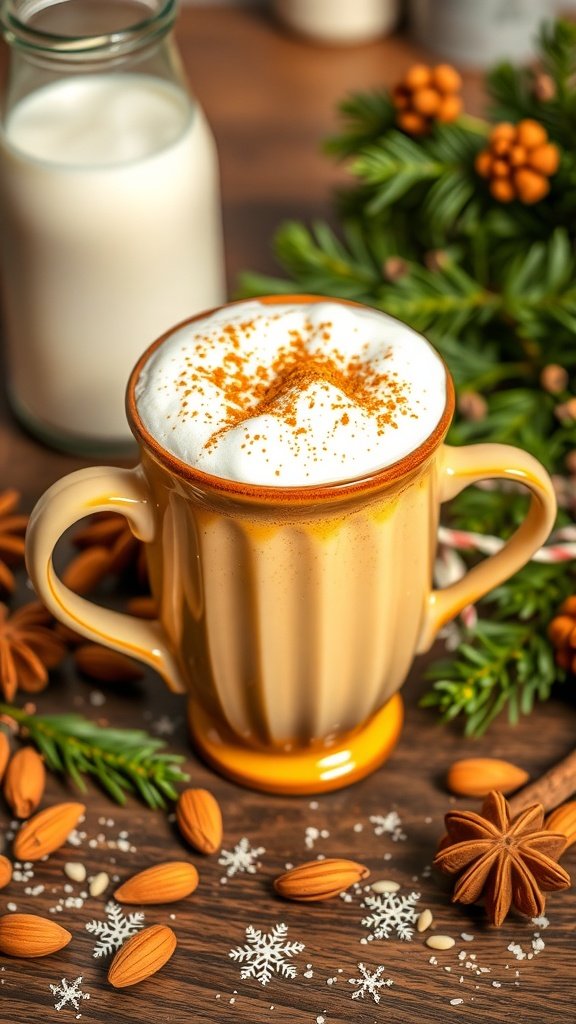 A creamy vegan eggnog latte topped with nutmeg, surrounded by festive decorations.