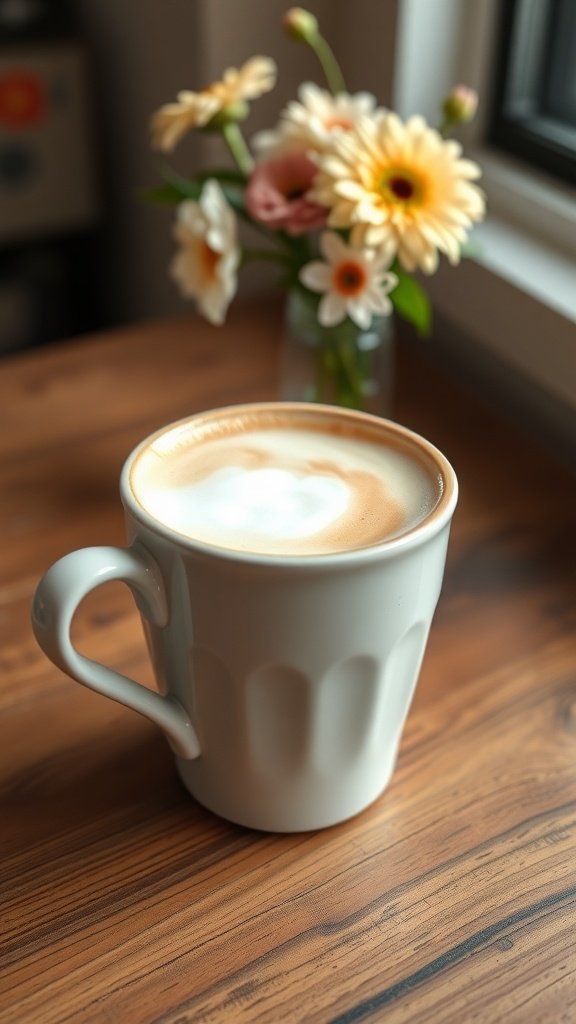 A cup of vanilla latte with foam, placed on a wooden table next to a vase of flowers.