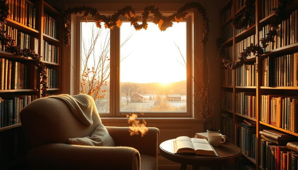 Cozy autumn nook with books and tea
