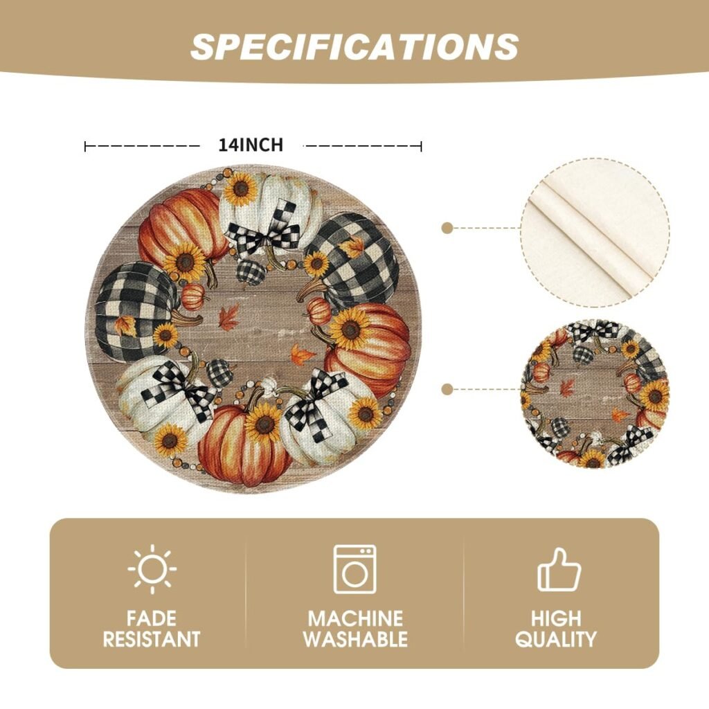 Artoid Mode Wood Pumpkins Sunflowers Round Fall Placemats Set of 4, 14 Inch Tjanksgiving Round Table Mats for Dining Decoration
