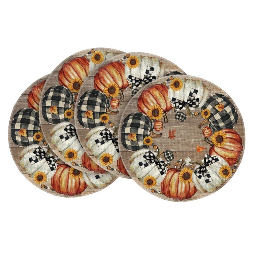 Artoid Mode Wood Pumpkins Sunflowers Round Fall Placemats Set of 4, 14 Inch Tjanksgiving Round Table Mats for Dining Decoration